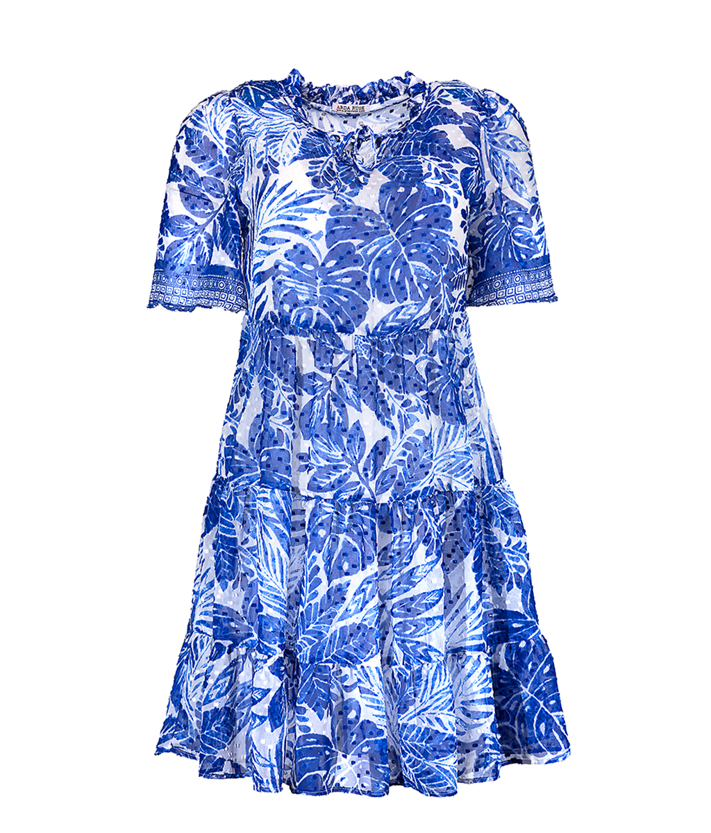 Лятна рокля от шифон (щампа синьо и бяло) на волани 
